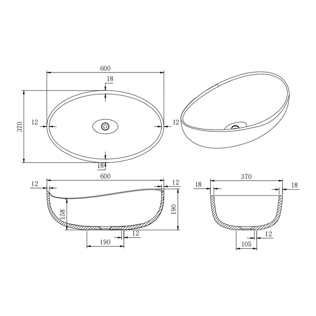 Waverton Solid Surface Stone Above Counter Basin White 600X370X190mm ,