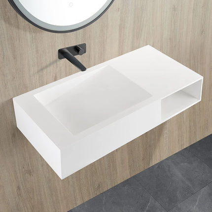 Crete Solid Surface Stone Wall Hung Basin Matte White No Overflow 1000X460X200mm