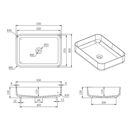 Kirra Solid Surface Rectangle Shape Basin Matte White 550X400X130mm ,