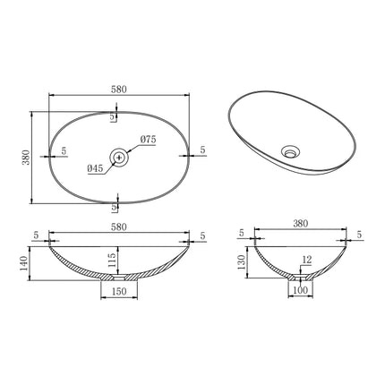 Kirra Solid Surface Pill Shape Art Basin Matte White ,
