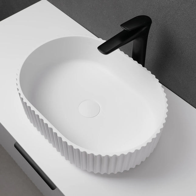 Ellips Fluted Solid Surface Above Counter Basin White 480X345X140mm ,