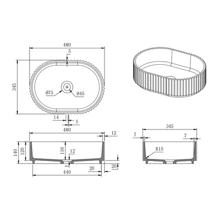 Ellips Fluted Solid Surface Above Counter Basin Matte Black 480X345X140mm ,