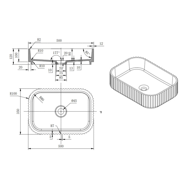 Japser Fluted Solid Surface Above Counter Basin Matte Black 500X350X120mm ,