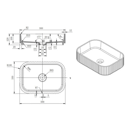 Japser Fluted Solid Surface Above Counter Basin White 500X350X120mm ,