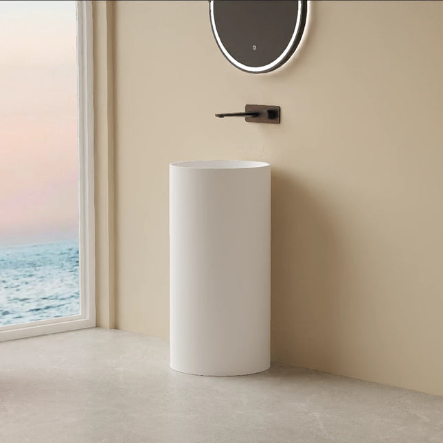 Olley Solid Surface Stone Pedestal Basin Matte White No Overflow 450X450X900mm ,