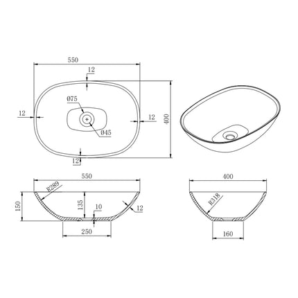 Perry Solid Surface Stone Above Counter Basin Matte White ,
