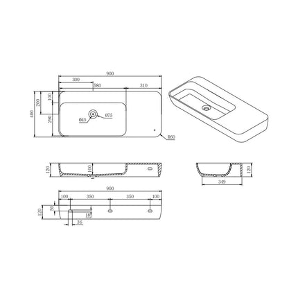 Roccia Solid Surface Stone Wall Hung Basin Matte White No Overflow 900X400X120mm ,
