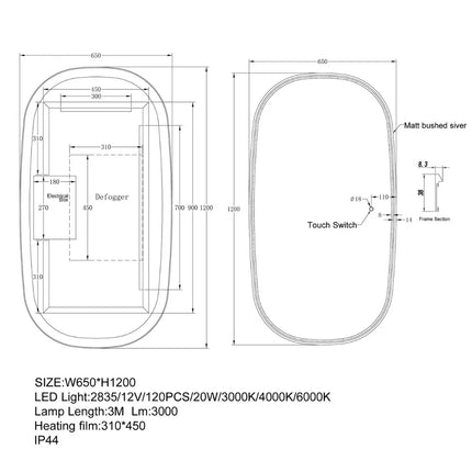 Oval 3 Color Front Lit LED Mirror Silver Aluminium Frame