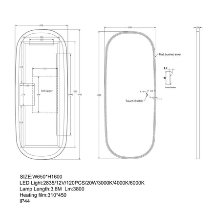 Oval 3 Color Front Lit LED Mirror Silver Aluminium Frame