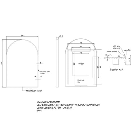 Arch 3 Color Lighting LED Mirror Gun Metal Grey Frame 600X900mm