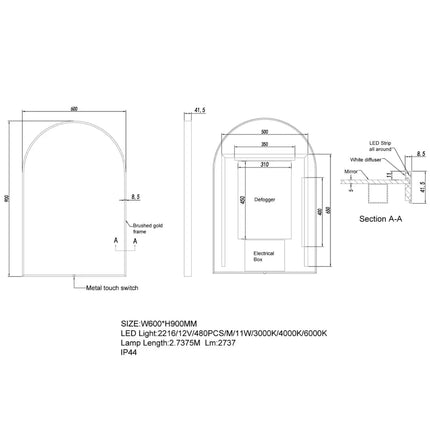 Arch 3 Color Lighting LED Mirror Brushed Gold Frame 600X900mm