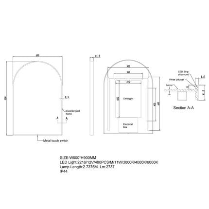 Arch 3 Color Lighting LED Mirror Matte Black Frame 600X900mm