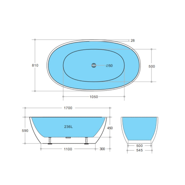 Bathroom Matt Black Stella Floor Freestanding Bathtub with No Overflow 1700X810X590 ,