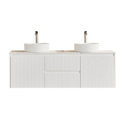 Crete Fluted Wall Hung Vanity Matte White , 1500mm - Centre Drawer