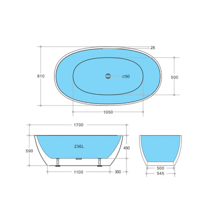 Bathroom Matt White Stella Floor Freestanding Bathtub with No Overflow 1700X810X590 ,