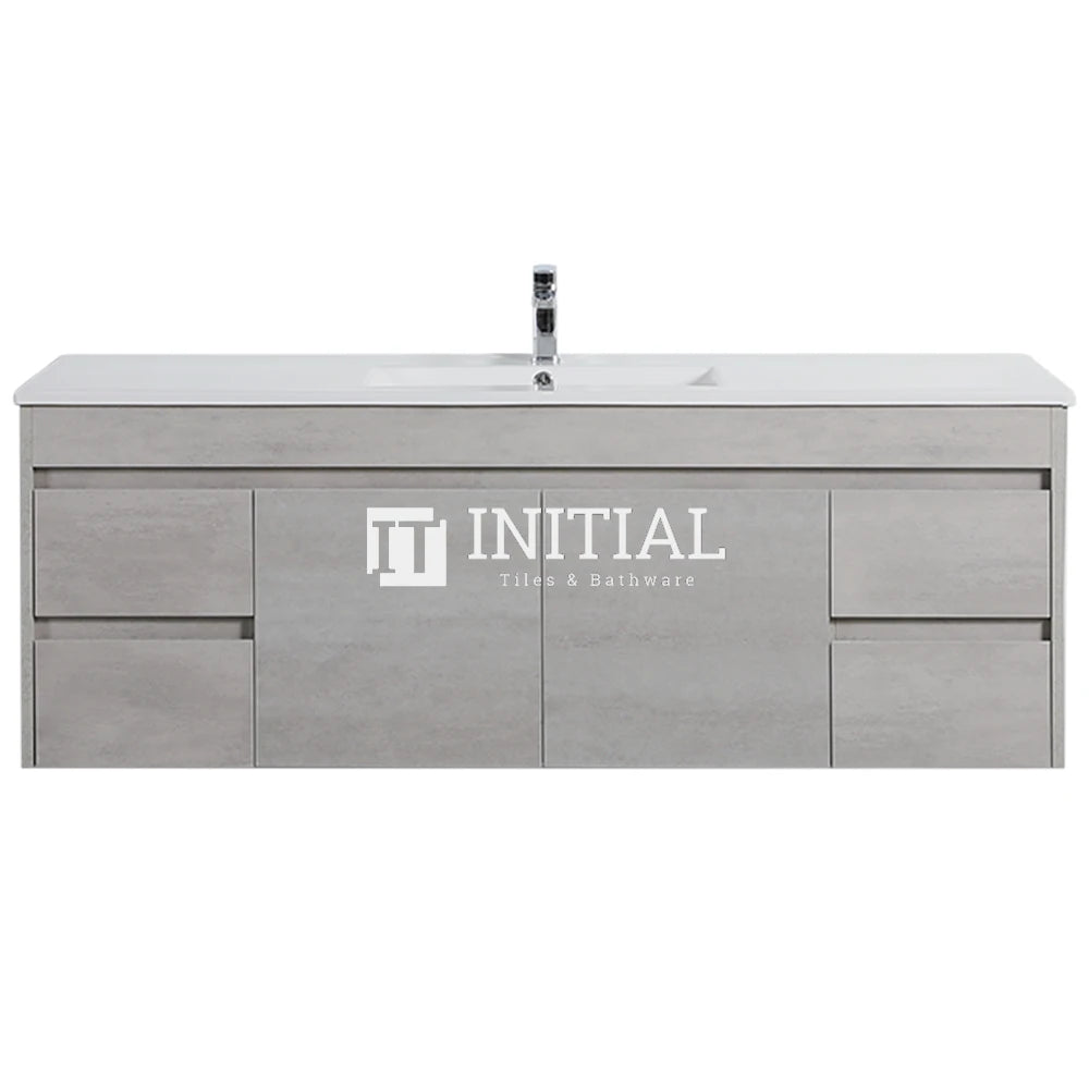 Nova 1500 Plywood Concrete Grey Wall Hung Vanity, 2 Solid Doors, 4 Drawers , With Ceramic Top Single Bowl