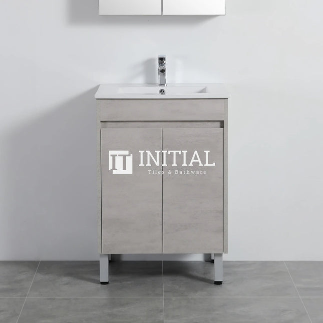 Nova 600 Plywood Concrete Grey Freestanding Floor Vanity, 2 Solid Doors , With Ceramic Top