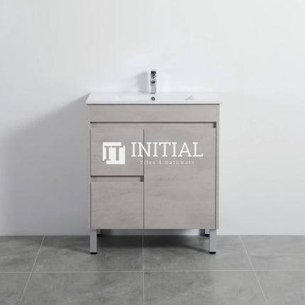 Nova 750 Plywood Concrete Grey Freestanding Floor Vanity, 1 Solid Door, 2 Drawers , With Ceramic Top Left Drawer