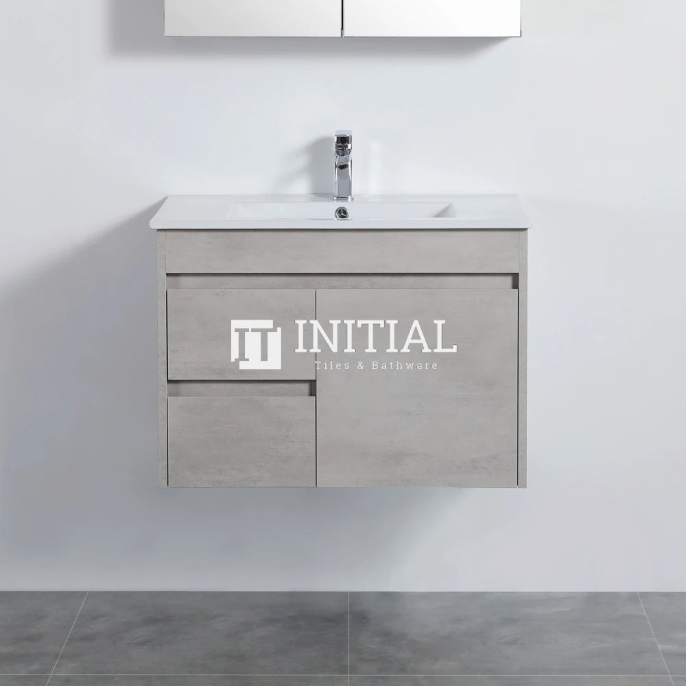 Nova 750 Plywood Concrete Grey Wall Hung Vanity, 1 Solid Door, 2 Drawers , With Ceramic Top Left Drawer