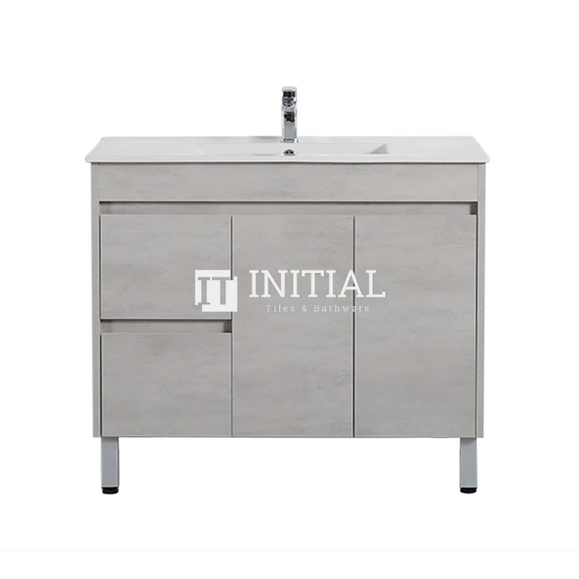 Nova 900 Plywood Concrete Grey Freestanding Floor Vanity, 2 Solid Doors, 2 Drawers , With Ceramic Top Left Drawer