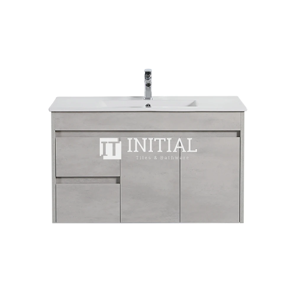 Nova 900 Plywood Concrete Grey Wall Hung Vanity, 2 Solid Doors, 2 Drawers , With Ceramic Top Left Drawer