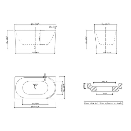 Nada 1300 Corner Bathtub Non-Over Flow Gloss White 1300X720X600