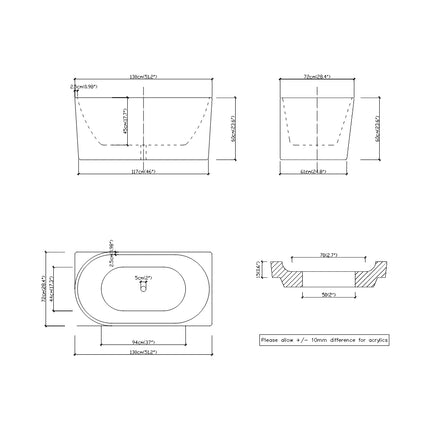 Nada 1300 Corner Bathtub Non-Over Flow Gloss White 1300X720X600