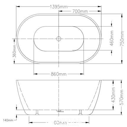 Hona 1400 Freestanding Bathtub Gloss White Non-Over Flow 1400X750X570 ,