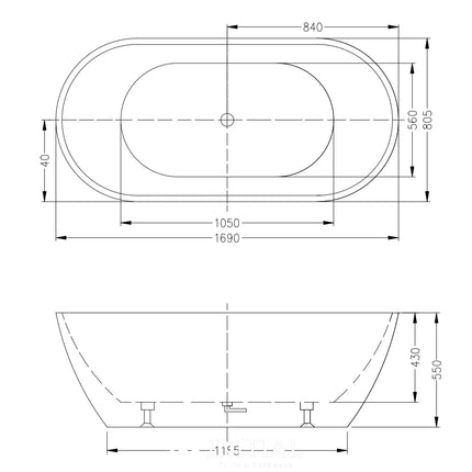 Hona 1700 Freestanding Bathtub Gloss White Non-Over Flow 1690X800X550 ,