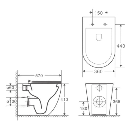 Newton Quiet Flush Rimless Wall Faced Floor Pan Toilet Matte White 570X360X410