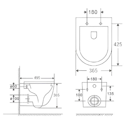 Newton Quiet Flush Rimless Wall Hung Pan Toilet Gloss White 580X365X365