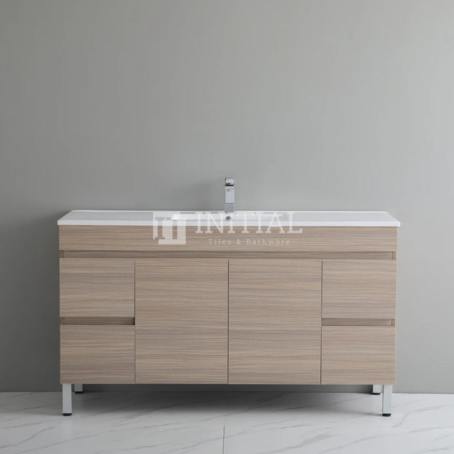 Stella 1500 Oak Freestanding Floor Vanity, 2 Solid Doors, 4 Drawers , With Ceramic Top Single Bowl