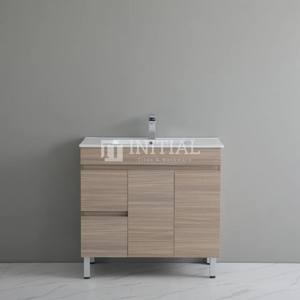 Stella 900 Oak Freestanding Floor Vanity, 2 Solid Doors, 2 Drawers , With Ceramic Top Left Drawer