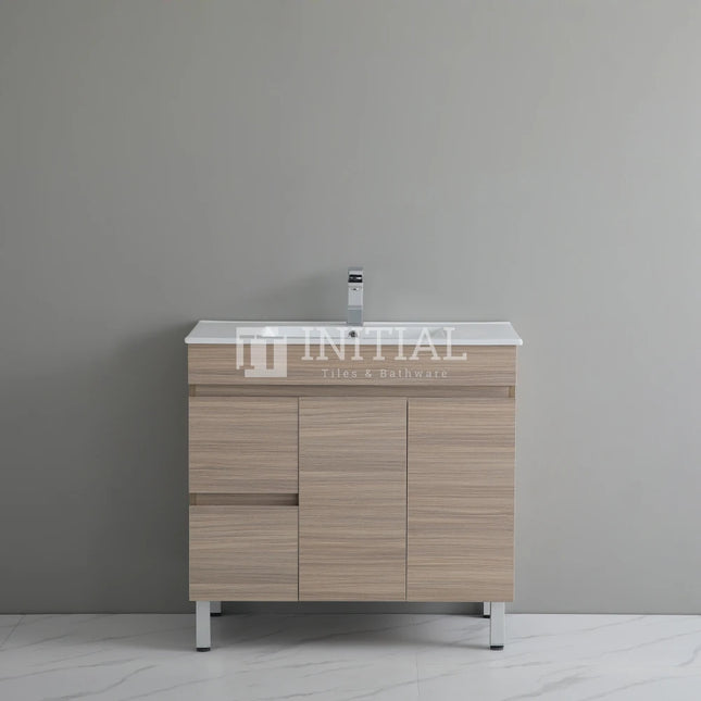 Stella 900 Oak Freestanding Floor Vanity, 2 Solid Doors, 2 Drawers , With Ceramic Top Left Drawer