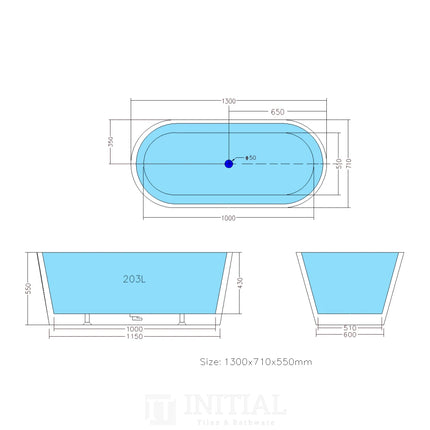 Bathroom Gloss White Oscar Floor Freestanding Bathtub with No Overflow 1300X710X550 ,