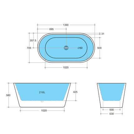 Bathroom Gloss White Oscar Floor Freestanding Bathtub with No Overflow 1390X705X580 ,