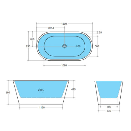 Bathroom Gloss White Oscar Floor Freestanding Bathtub with No Overflow 1500X730X580 ,