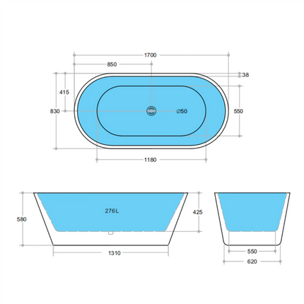 Bathroom Gloss White Oscar Floor Freestanding Bathtub with No Overflow 1700X830X580 ,