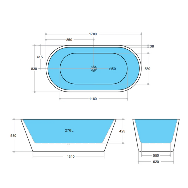 Bathroom Gloss Black Oscar Floor Freestanding Bathtub with No Overflow 1700X830X580 ,