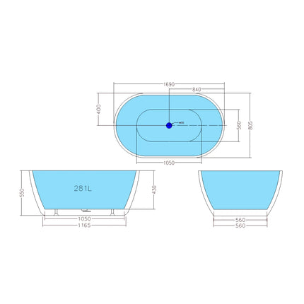 Bathroom Gloss or Matt White Livia Floor Freestanding Bathtub with Overflow 1690X805X550 ,