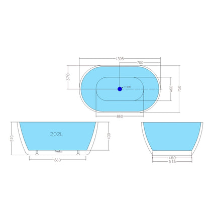 Bathroom Gloss White Livia Floor Freestanding Bathtub with Overflow 1395X750X570 ,