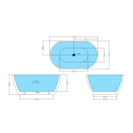 Bathroom Gloss or Matt White Livia Floor Freestanding Bathtub with Overflow 1530X770X555 ,