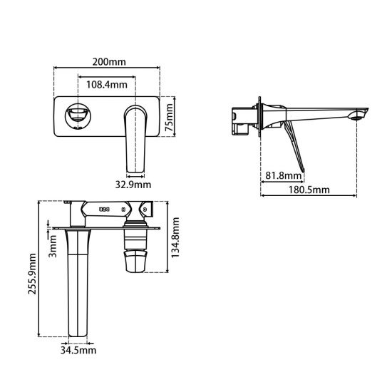 Belle Square Bathtub/Basin Wall Mixer With Spout Matte Black ,