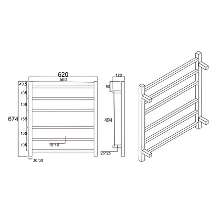 Square Electric Heated Towel Rack 6 Bars Matt Black ,