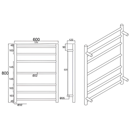 Round Electric Heated Towel Rack 7 Bars Matt Black ,