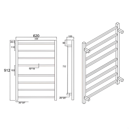 Square Electric Heated Towel Rack 8 Bars Matt Black ,