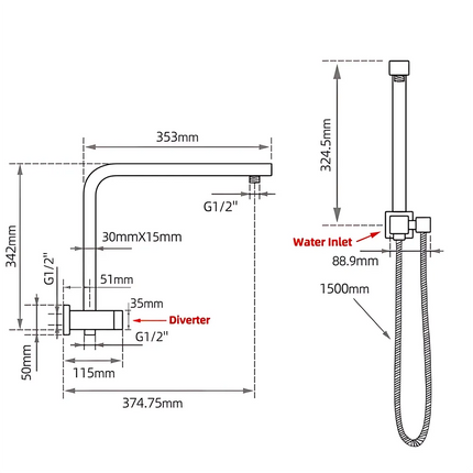 Square Half Rail Top Water Inlet Shower Combination Matt Black ,