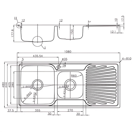 Otus Stainless Steel Sink 1 & 3/4 Bowl & Drainer 1080 X 480 X178mm