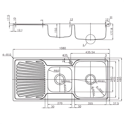 Otus Stainless Steel Sink 1 & 3/4 Bowl & Drainer 1080 X 480 X178mm