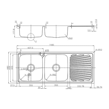 Otus Stainless Steel Sink Double Bowls & Drainer Sink 1180 X 480 X 178mm